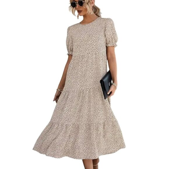 Pretty Garden NWT Bohemian Animal Print Tiered Puff Sleeve Midi Dress Size XL - Picture 1 of 13